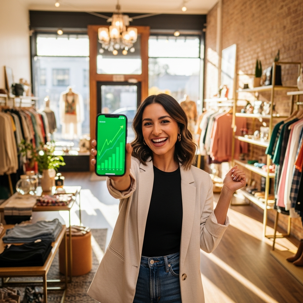 Shop owner celebrating improved Google rankings and more customers