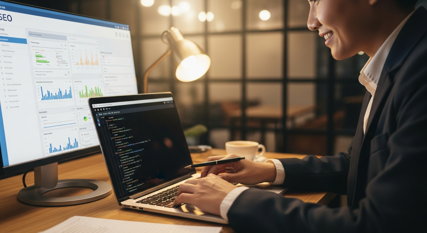 Business owner installing SEO widget code on laptop with analytics dashboard visible