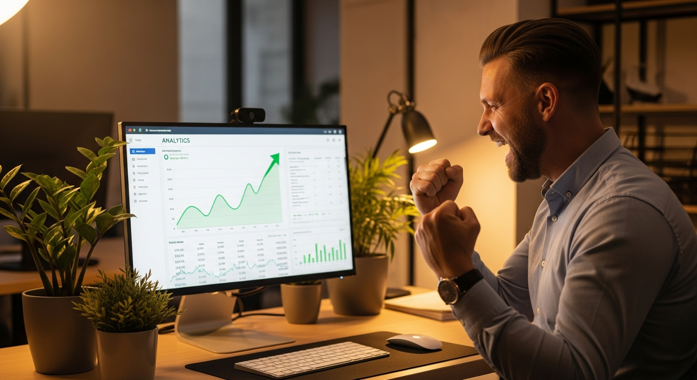 Analytics dashboard showing upward trending SEO rankings graph