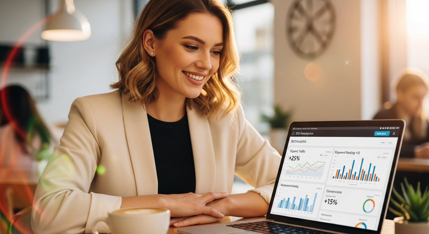Happy business owner checking SEO analytics growth on laptop - Secret AI SEO helps businesses rank higher on Google